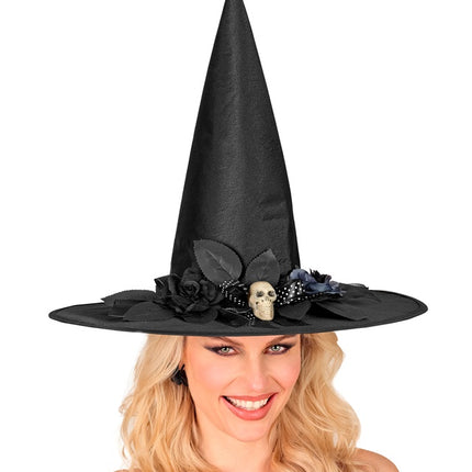 Chapeau de sorcière noir avec tête de mort