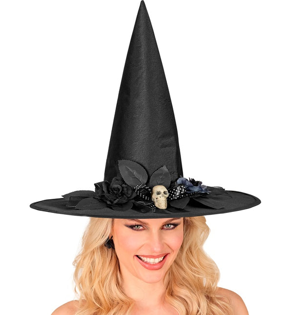 Chapeau de sorcière noir avec tête de mort