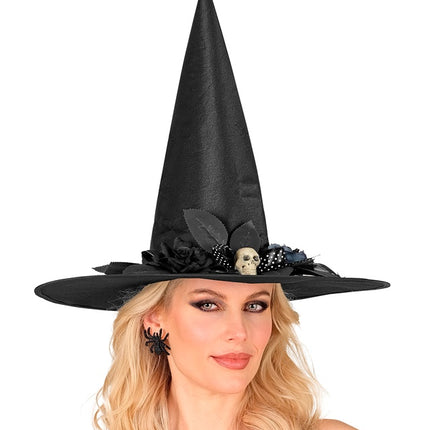 Chapeau de sorcière noir avec tête de mort