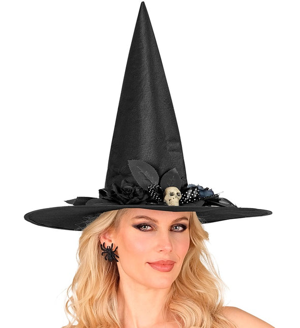 Chapeau de sorcière noir avec tête de mort