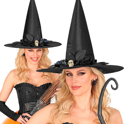 Chapeau de sorcière noir avec tête de mort