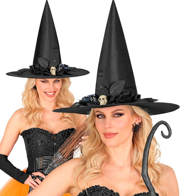 Chapeau de sorcière noir avec tête de mort