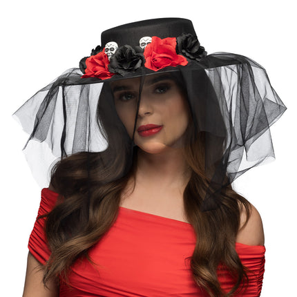 Chapeau d'Halloween Noir Rouge Fleurs