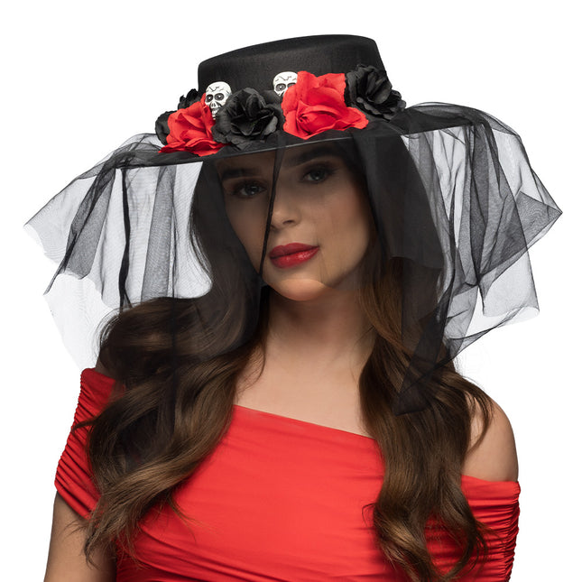 Chapeau d'Halloween Noir Rouge Fleurs