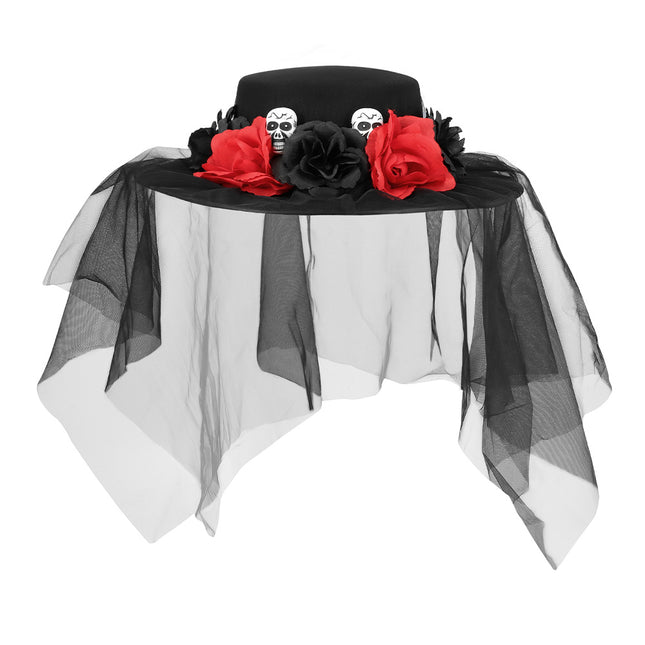 Chapeau d'Halloween Noir Rouge Fleurs