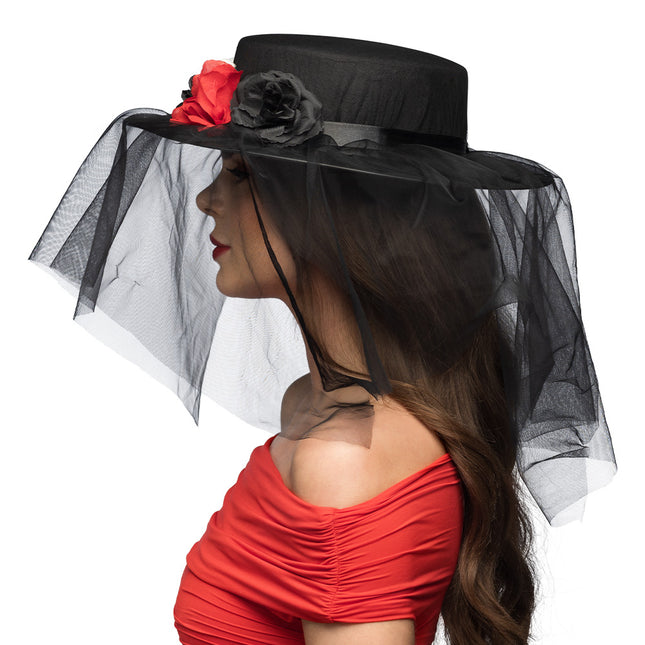 Chapeau d'Halloween Noir Rouge Fleurs