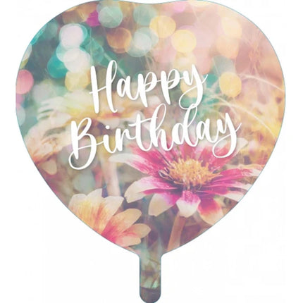 Ballon à l'hélium « Joyeux anniversaire » en forme de cœur avec des fleurs (vide) 45 cm
