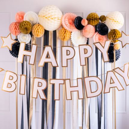 Guirlande de lettres Happy Birthday Or blanc 3m