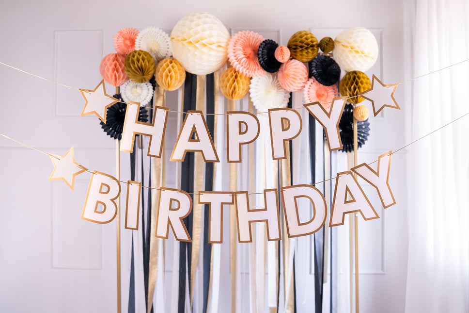 Guirlande de lettres Happy Birthday Or blanc 3m