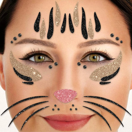 Tatouages temporaires dorés et noirs pour le visage, chat pailleté