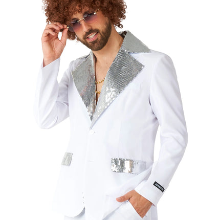 Costume disco pour homme, blanc, 2 pièces