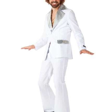 Costume disco pour homme, blanc, 2 pièces