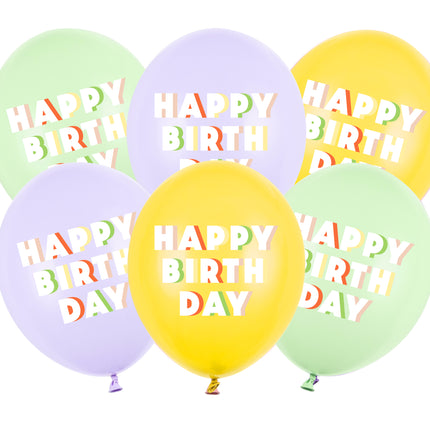 Happy Birthday Balloons Coloured Latex 30cm 6pcs