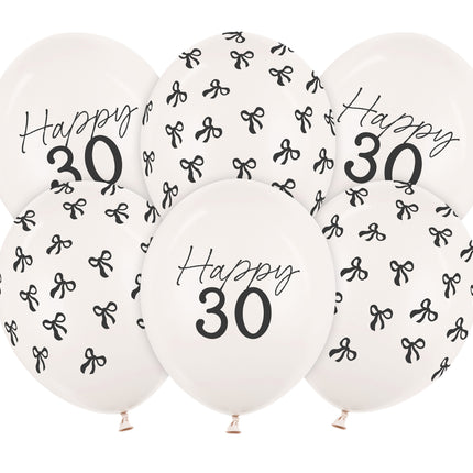 30 Years Balloons Black White Bow 30cm 6pcs