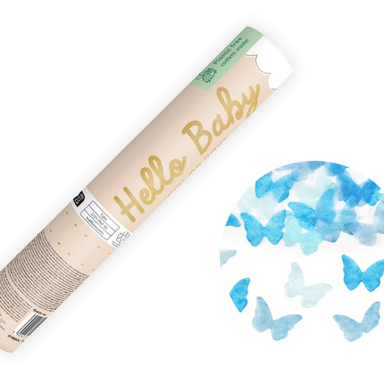 Canon à confettis papillon bleu 20cm