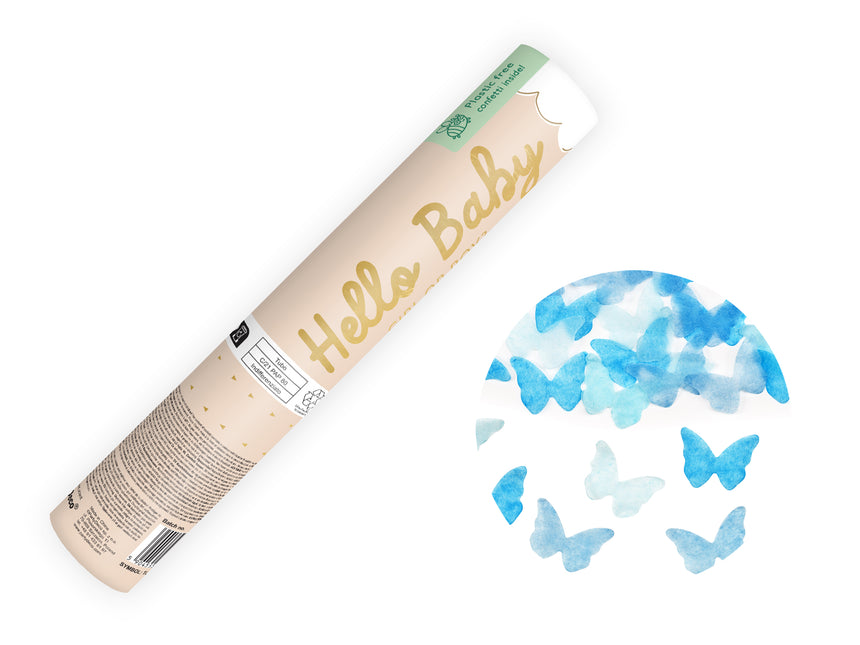 Canon à confettis papillon bleu 20cm