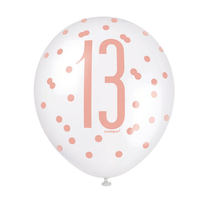 Ballonnen 13 Jaar Rose Goud 30cm 6st van Unique koop je bij Partywinkel