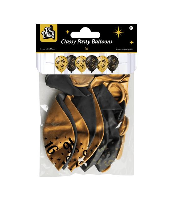 Ballonnen 16 Jaar Goud Zwart 30cm 6st van Paper Dreams koop je bij Partywinkel