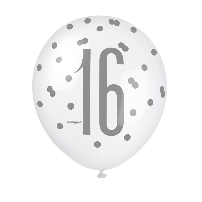 Ballonnen 16 Jaar Stippen Zwart 30cm 6st van Unique koop je bij Partywinkel