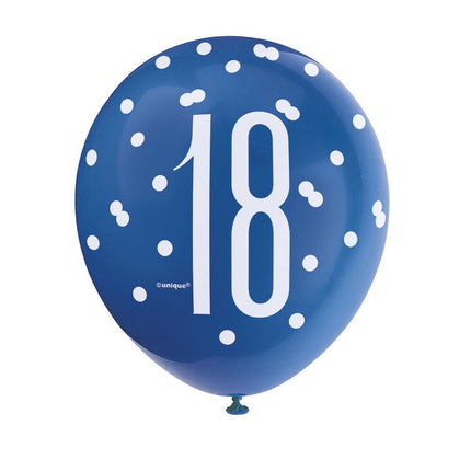 Ballonnen 18 Jaar Stippen Blauw 30cm 6st van Unique koop je bij Partywinkel