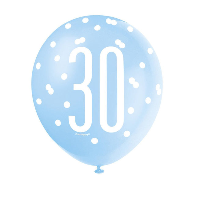 Ballonnen 30 Jaar Stippen Blauw 30cm 6st van Unique koop je bij Partywinkel