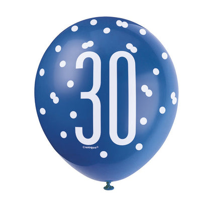Ballonnen 30 Jaar Stippen Blauw 30cm 6st van Unique koop je bij Partywinkel