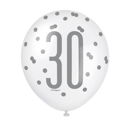 Ballonnen 30 Jaar Stippen Zwart 30cm 6st van Unique koop je bij Partywinkel
