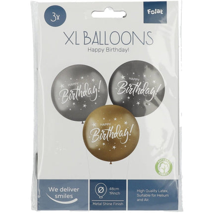 Ballonnen Happy Birthday Zwart Zilver Goud 48cm 3st van Folat koop je bij Partywinkel