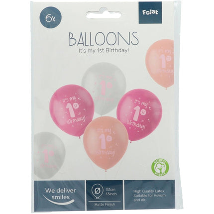 Ballonnen It'S My 1St Birthday Roze 33cm 6st van Folat koop je bij Partywinkel