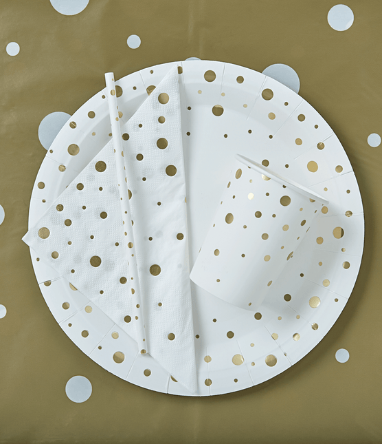 Bekers Gouden Stippen Wit 13cm 8st van Paper Dreams koop je bij Partywinkel