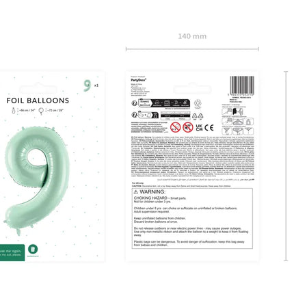9 Year Figure Balloon Mint Green Empty 72cm