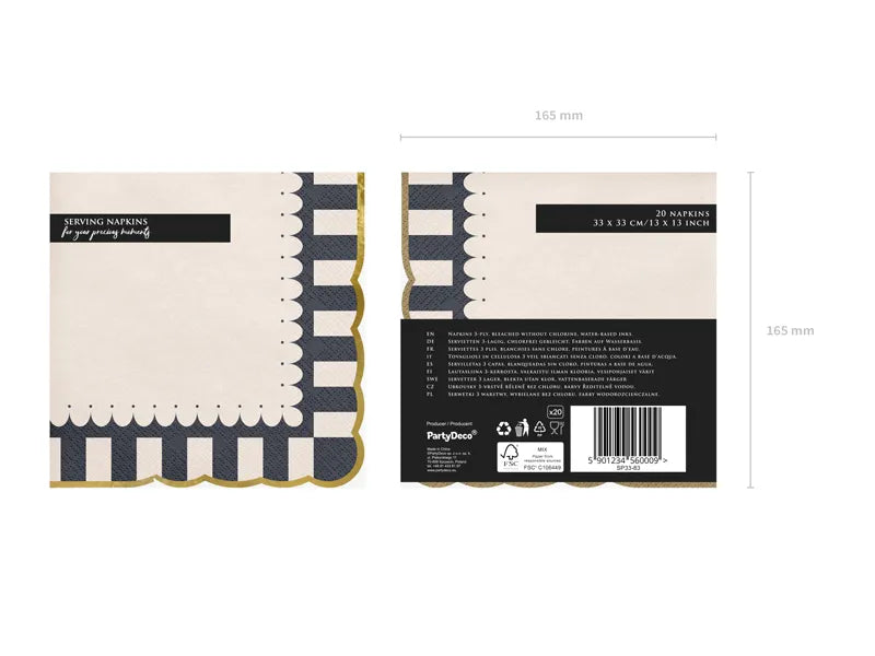 Serviettes de table colorées rayées à bord doré 33cm 12pcs