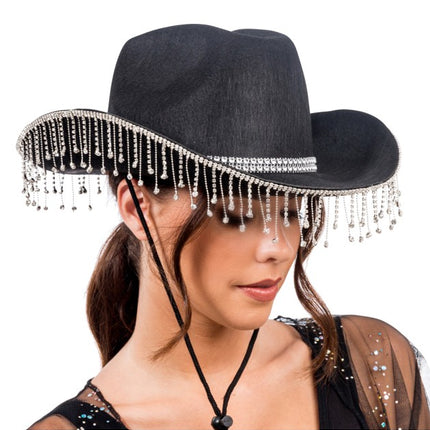Chapeau de cow-boy noir avec strass pendants - Taille unique