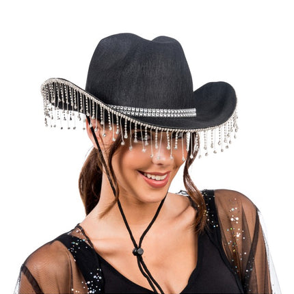 Chapeau de cow-boy noir avec strass pendants - Taille unique