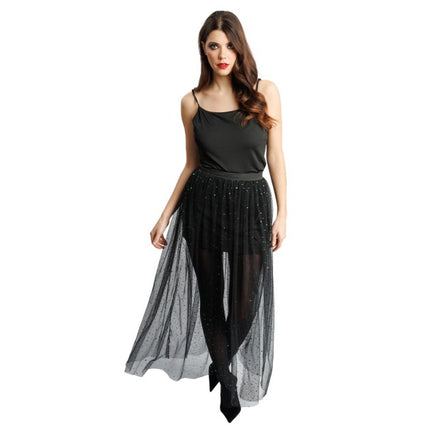 Jupe Tule Rok pour femme, noire avec des paillettes vertes