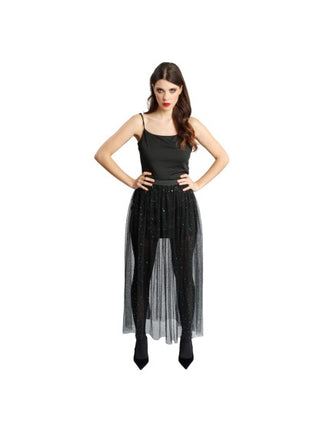 Jupe Tule Rok pour femme, noire avec des paillettes vertes