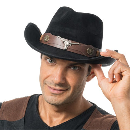 Chapeau de cowboy noir avec tête de taureau - Taille unique