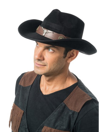Chapeau de cowboy noir avec tête de taureau - Taille unique