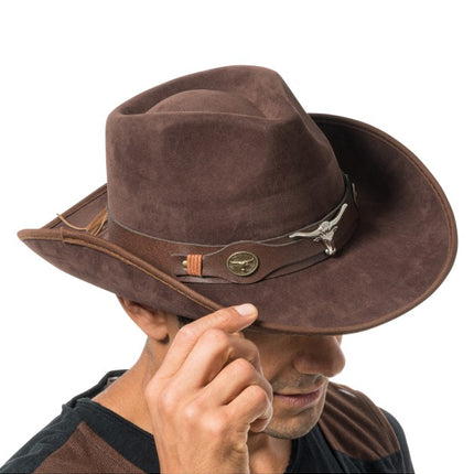 Chapeau de cowboy marron avec tête de taureau - Taille unique