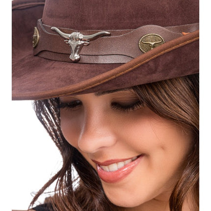 Chapeau de cowboy marron avec tête de taureau - Taille unique