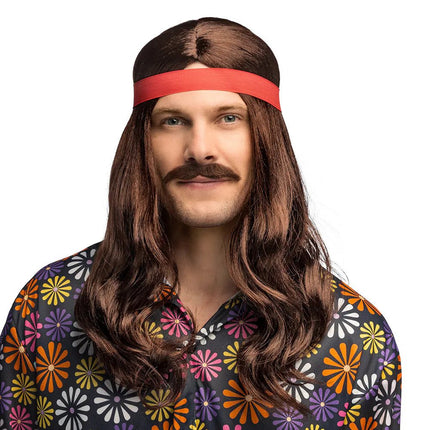 Bruin Pruik Lang Met Haarband En Snor van Boland koop je bij Partywinkel