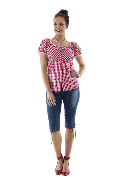 Carmenblouse rood - wit ruit, striklint van Haus Huberts koop je bij Partywinkel