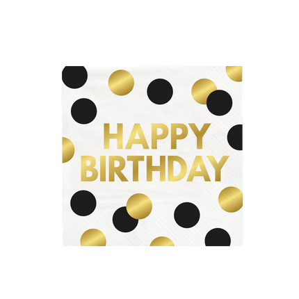 Serviettes de table Happy Birthday Or Noir 16cm 16pcs