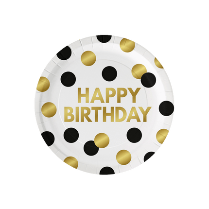 Assiettes Happy Birthday Noir Dots 23cm 8pcs