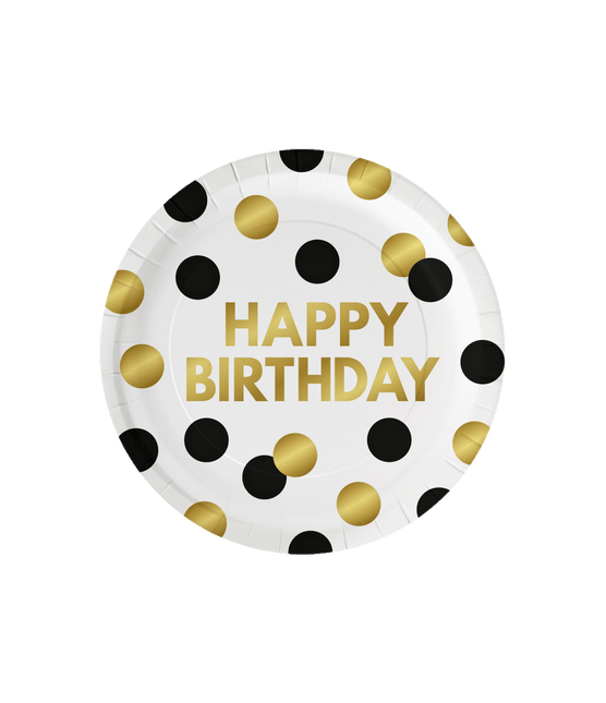 Assiettes Happy Birthday Noir Dots 23cm 8pcs