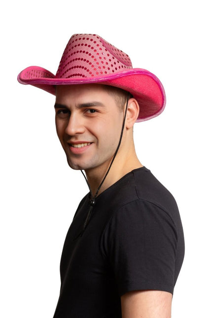 Cowboy Hoed Neon Roze Pailletten Met Licht van Partychimp koop je bij Partywinkel