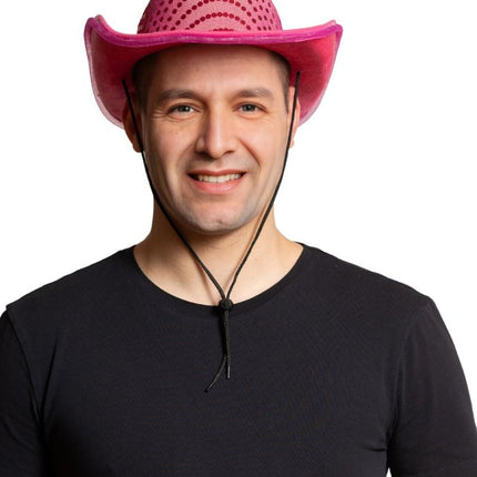 Cowboy Hoed Neon Roze Pailletten Met Licht van Partychimp koop je bij Partywinkel