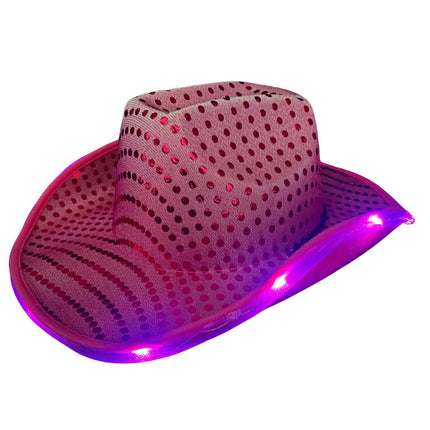 Cowboy Hoed Neon Roze Pailletten Met Licht van Partychimp koop je bij Partywinkel