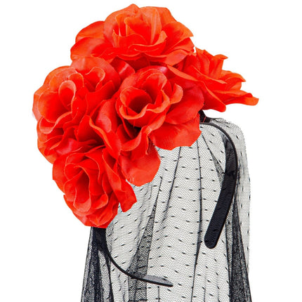 Dia De Los Muertos Haarband Sluier Met Rozen van Widmann koop je bij Partywinkel