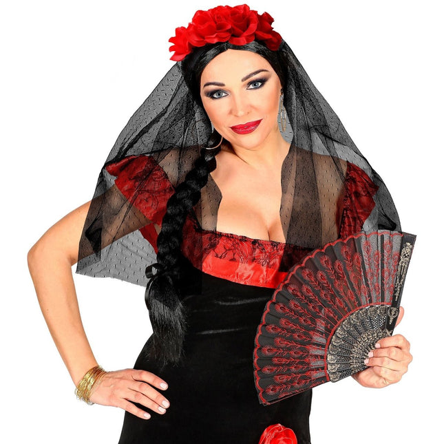 Dia De Los Muertos Haarband Sluier Met Rozen van Widmann koop je bij Partywinkel